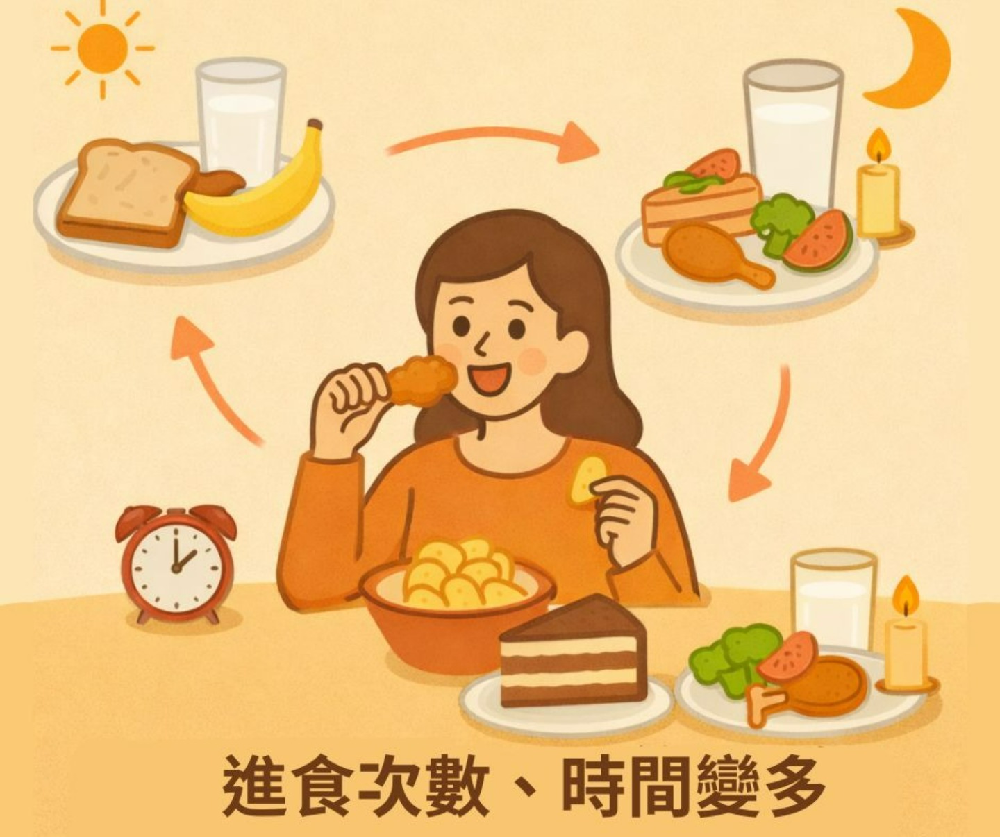 年後飲食調整:進食時間拉長與水分不足示意圖