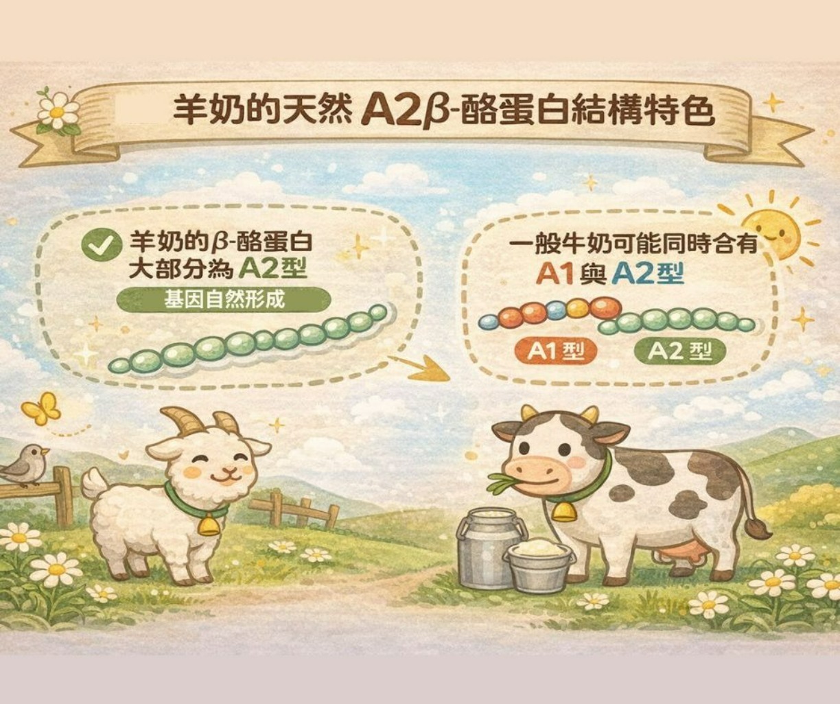 羊奶天然以A2β酪蛋白為主示意圖