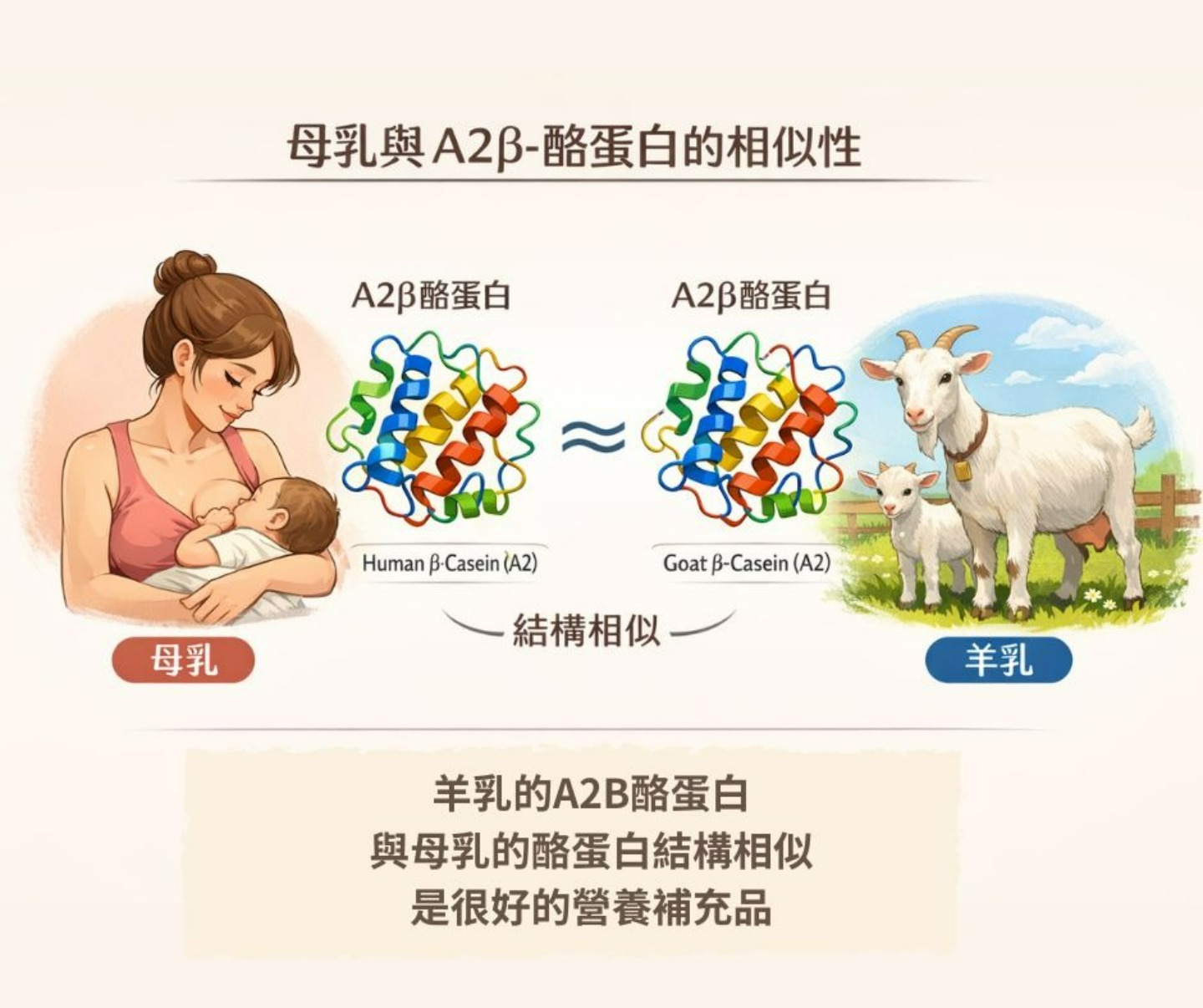 人類母乳與羊乳A2β酪蛋白相似性示意圖