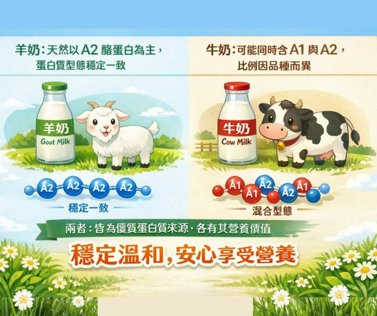 羊奶與牛奶A2蛋白比較示意圖