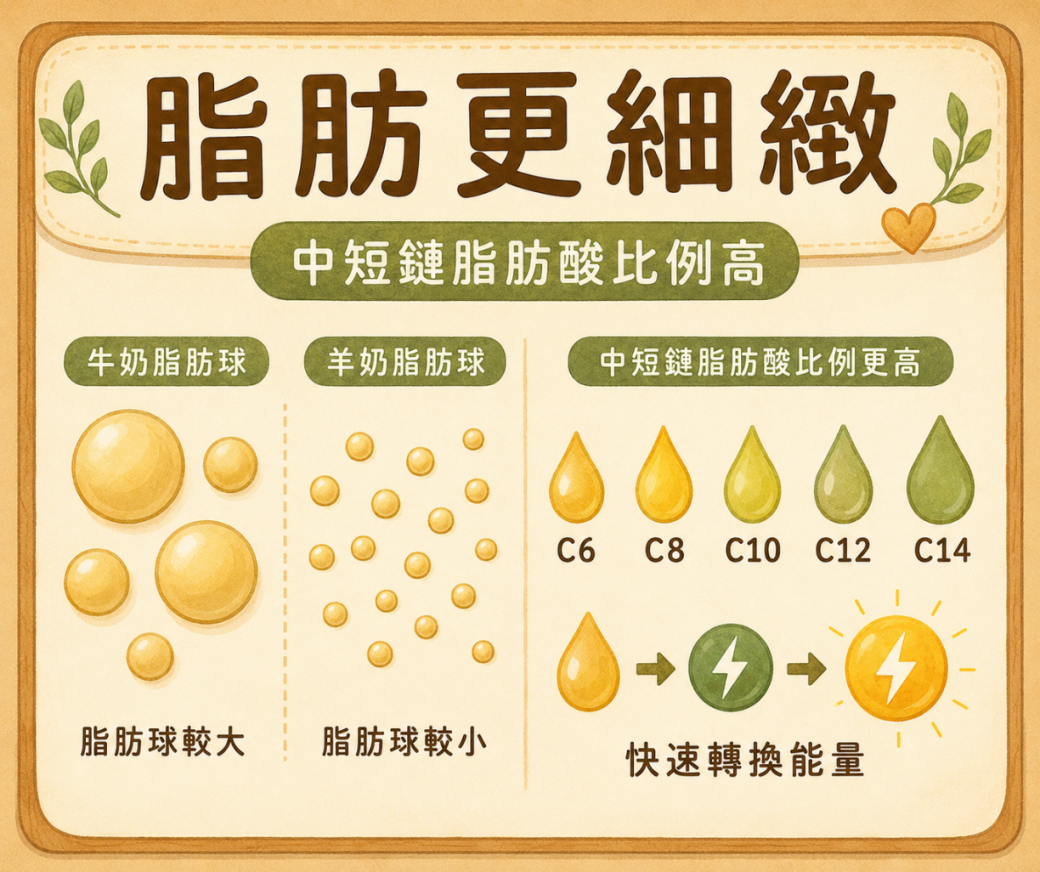 羊奶脂肪分子較小與中短鏈脂肪酸示意圖