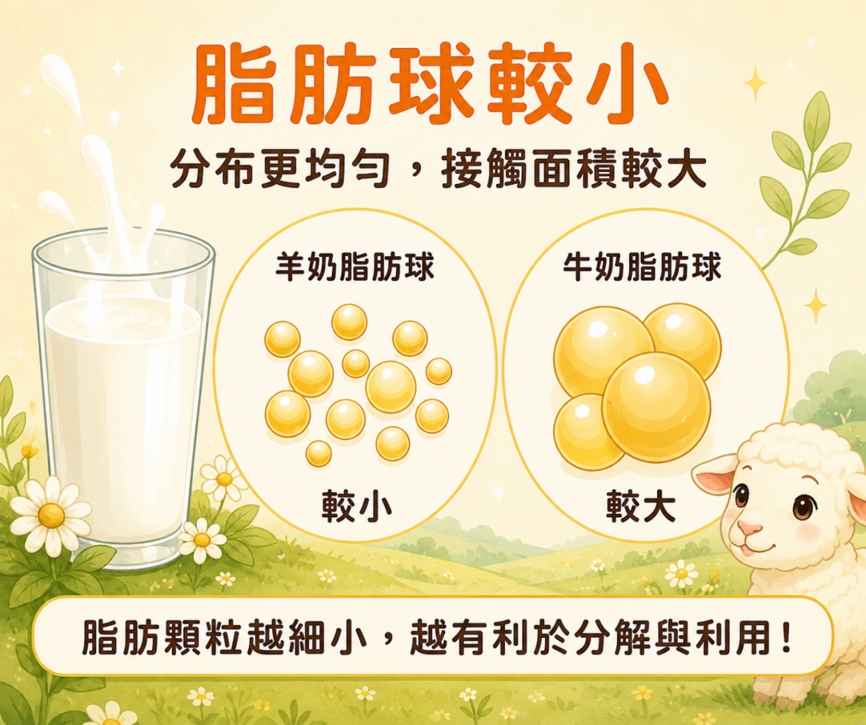 羊奶脂肪球較小與分布均勻的段落配圖