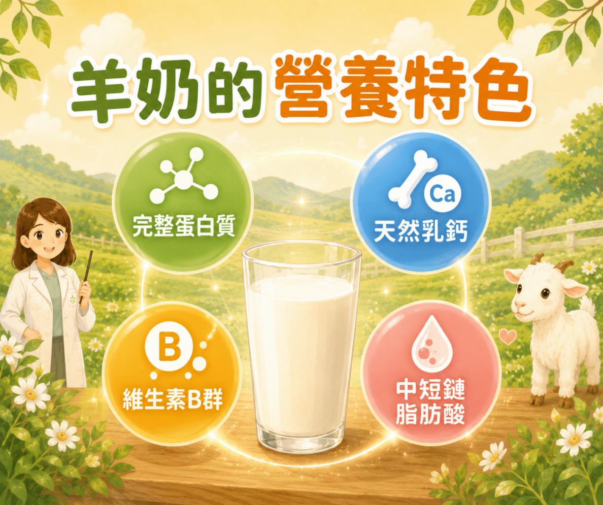 羊奶完整蛋白質天然乳鈣與中短鏈脂肪酸營養特色圖