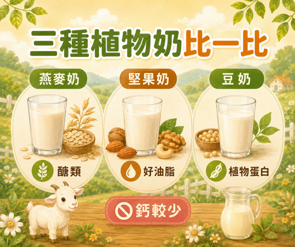 燕麥奶堅果奶豆奶營養特色比較圖