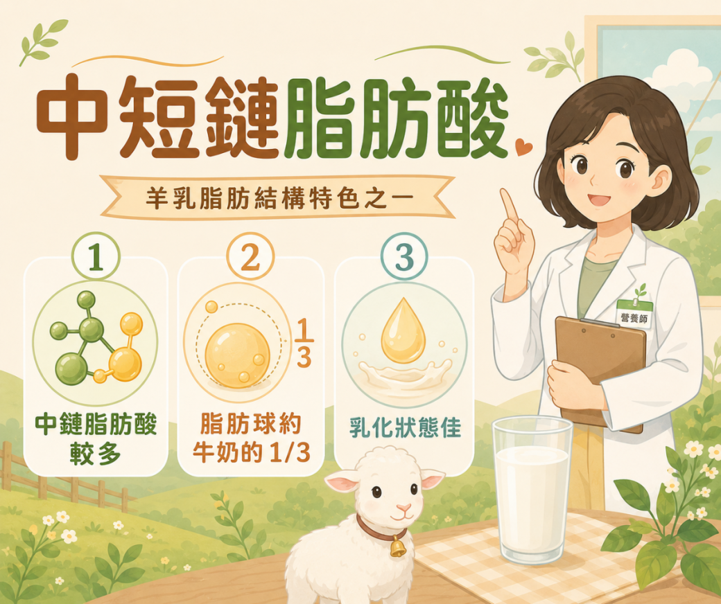 羊乳中鏈脂肪酸與脂肪球較小示意