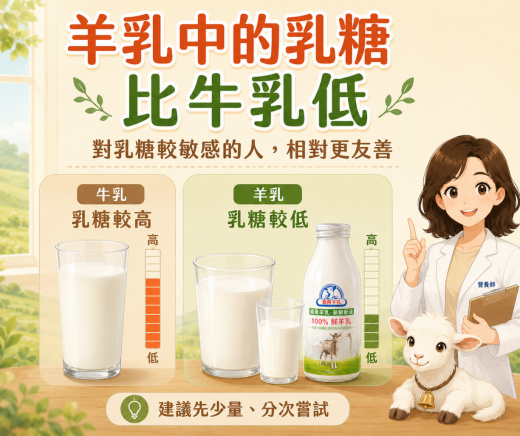 羊乳乳糖較牛乳低示意