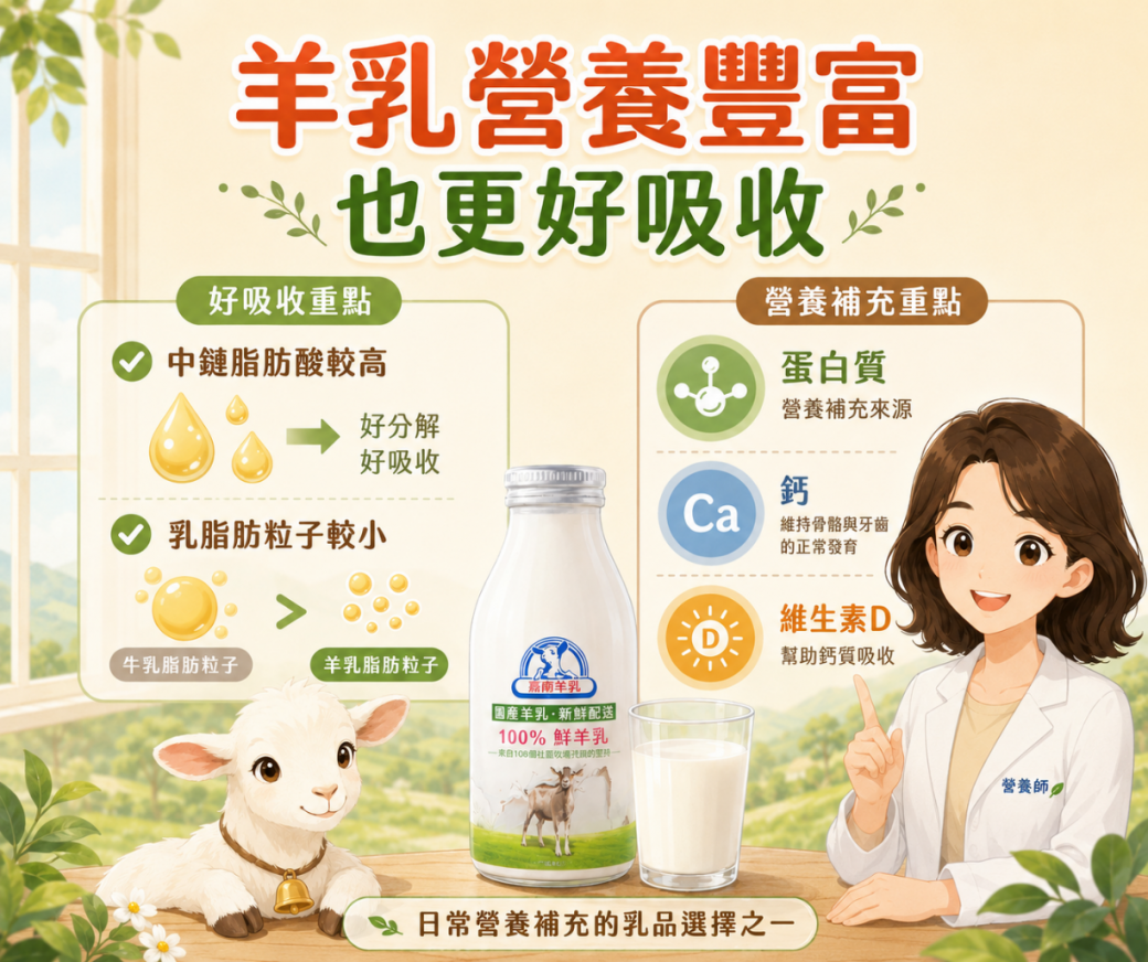 羊乳中鏈脂肪酸較高與乳脂肪粒子較小示意