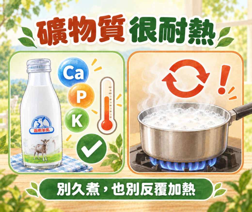 羊奶中的鈣磷鉀耐熱，但要避免長時間煮沸與反覆加熱示意圖