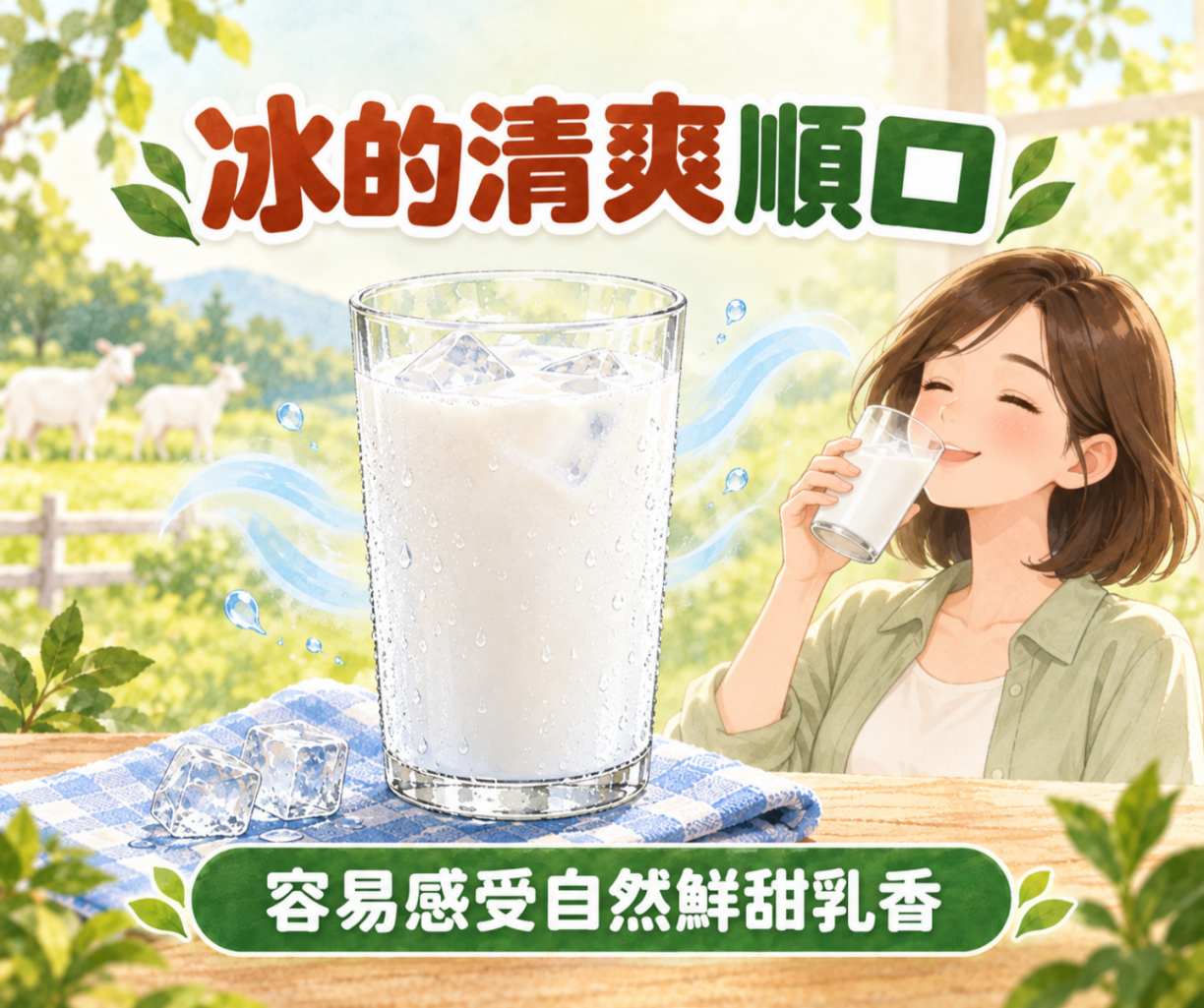 低溫冷藏羊奶風味清爽順口，容易感受自然鮮甜乳香示意圖