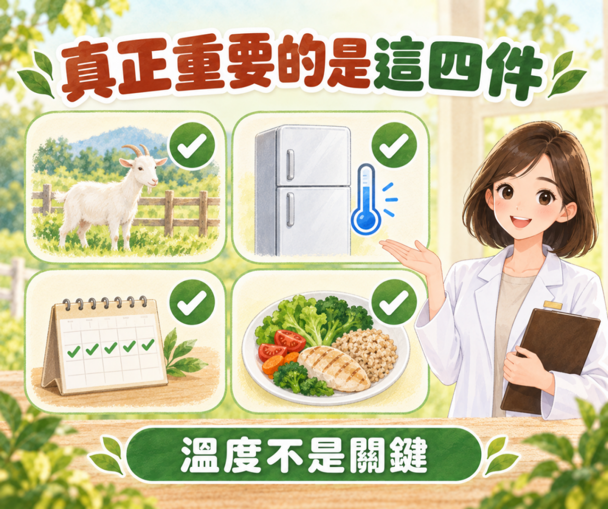 羊奶真正重要的四件事：來源可靠、保存正確、規律攝取、飲食均衡示意圖