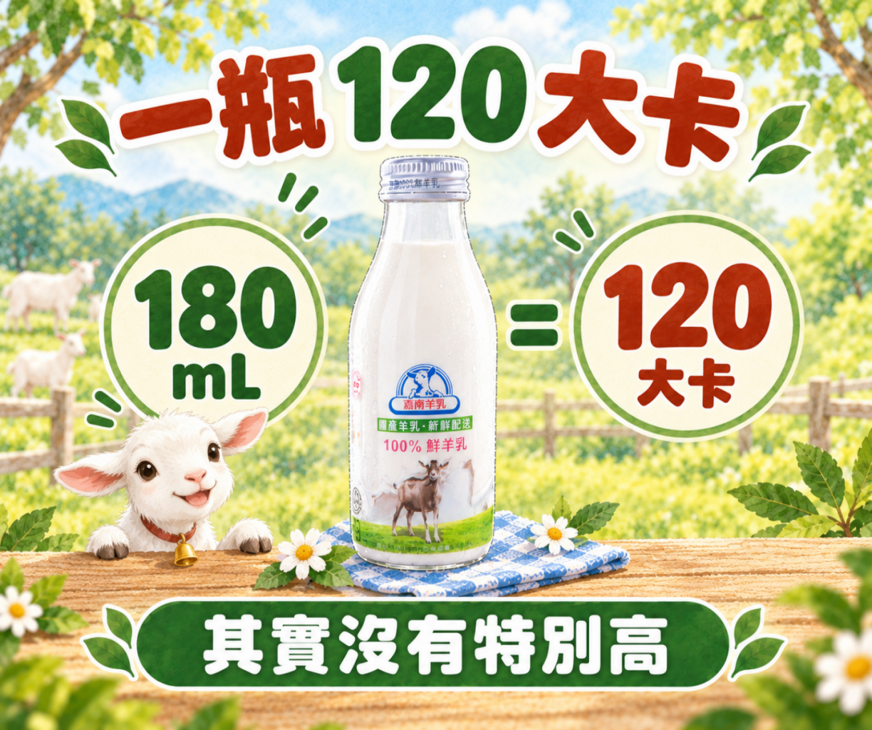 一瓶180毫升鮮羊奶熱量120大卡示意圖