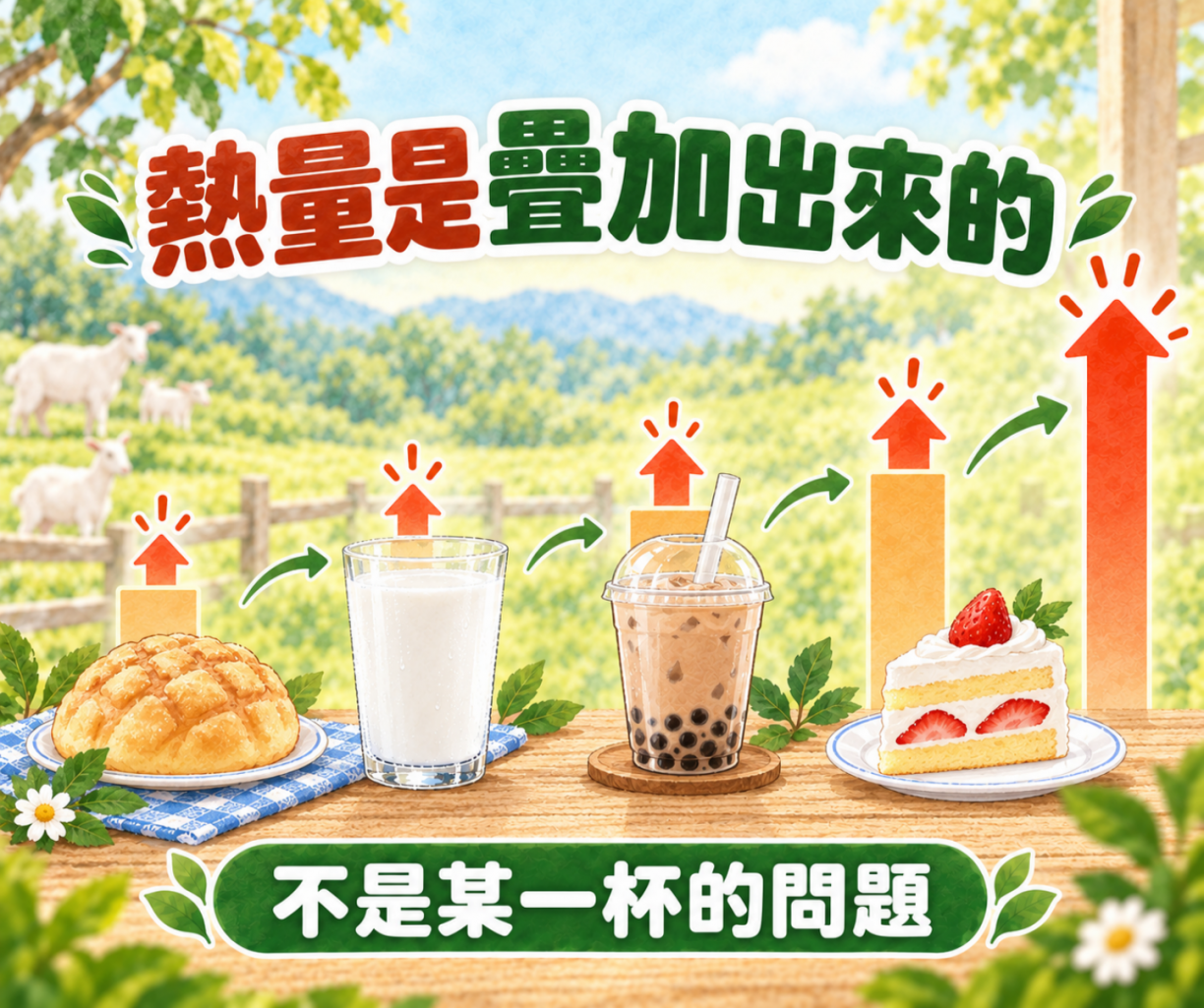 一整天高熱量食物疊加導致熱量超標示意圖