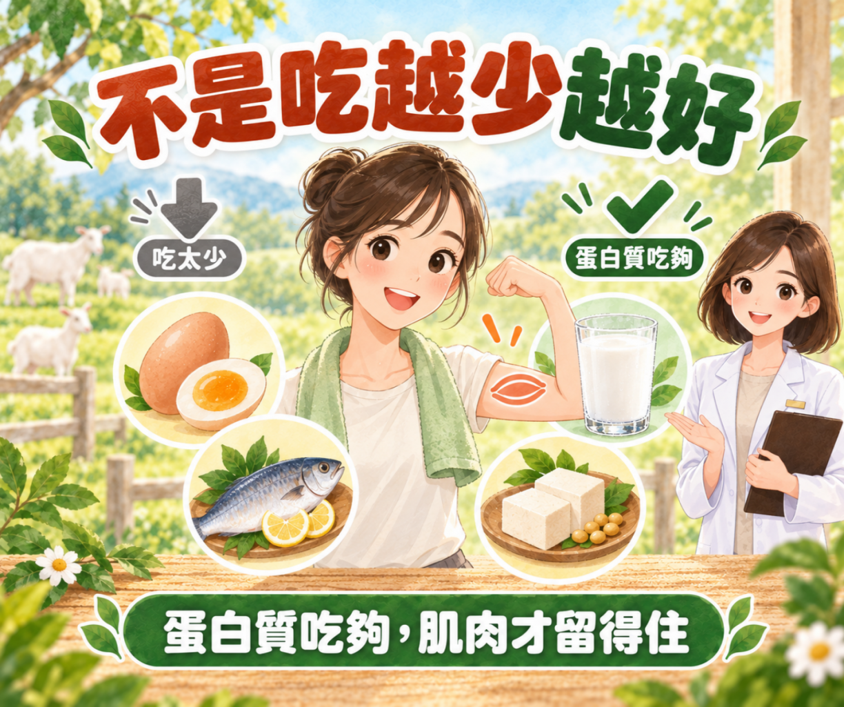 減重吃太少導致蛋白質與鈣質不足、肌肉流失示意圖