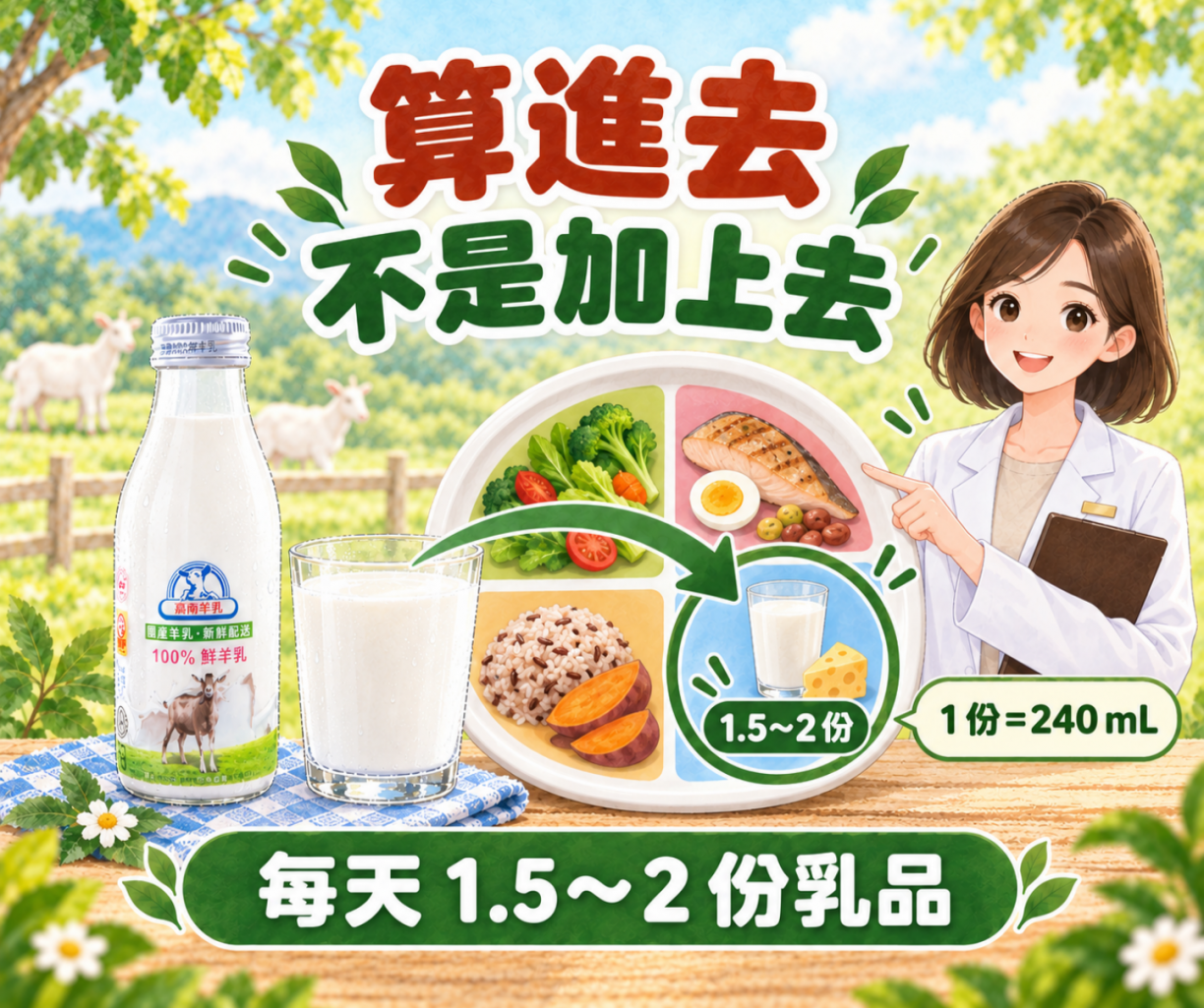 把羊奶納入每日1.5至2份乳品攝取示意圖