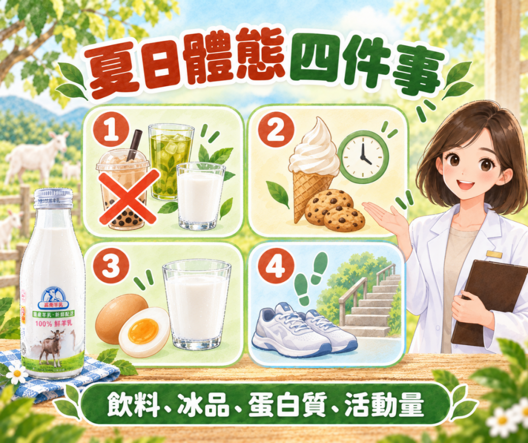 夏日體態管理四件事:飲料熱量、零食冰品、蛋白質、活動量示意圖