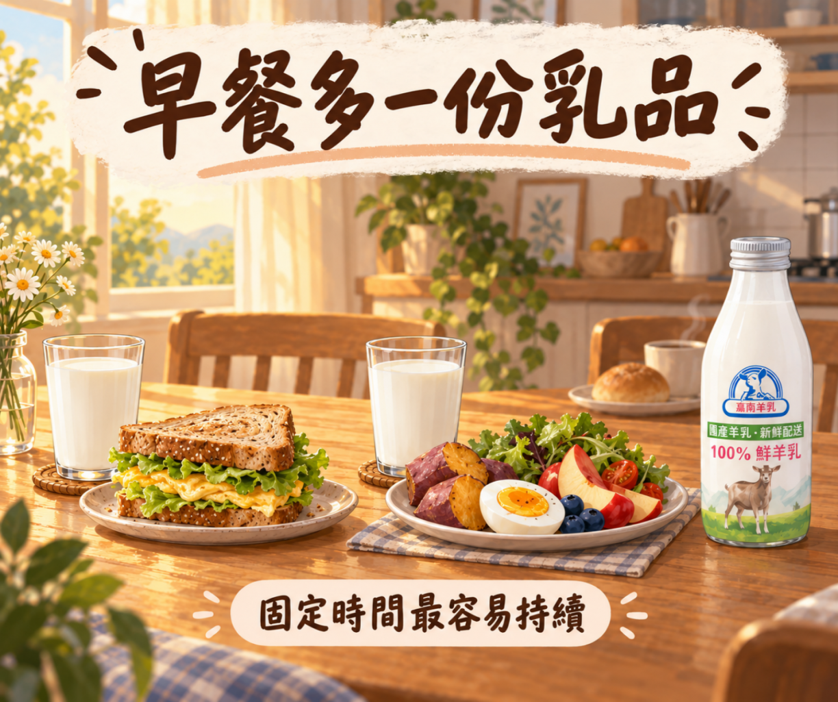 早餐喝羊奶搭配全麥吐司、雞蛋、地瓜與生菜沙拉示意圖
