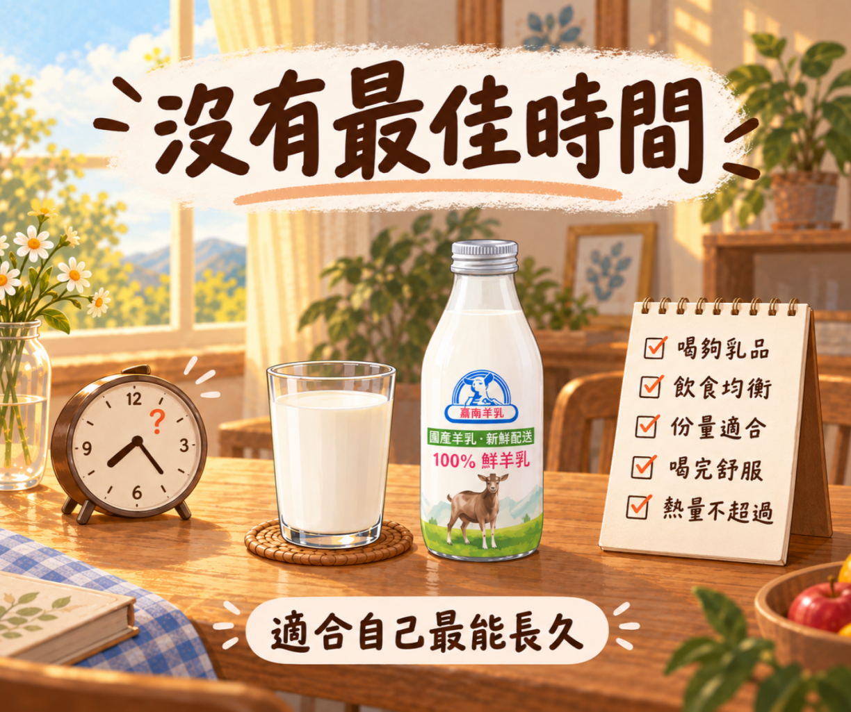 羊奶沒有最佳飲用時間,適合自己的時間最容易長期維持示意圖