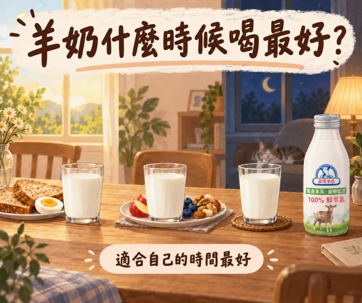 羊奶什麼時候喝最好?早餐、下午、睡前三個時段喝羊奶示意圖