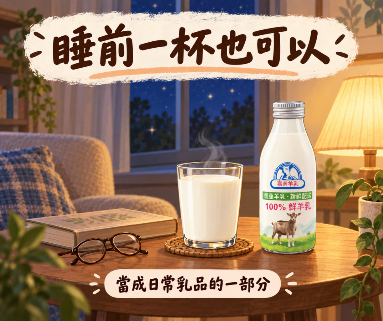 睡前喝一杯溫熱羊奶作為放鬆、準備休息的生活儀式示意圖