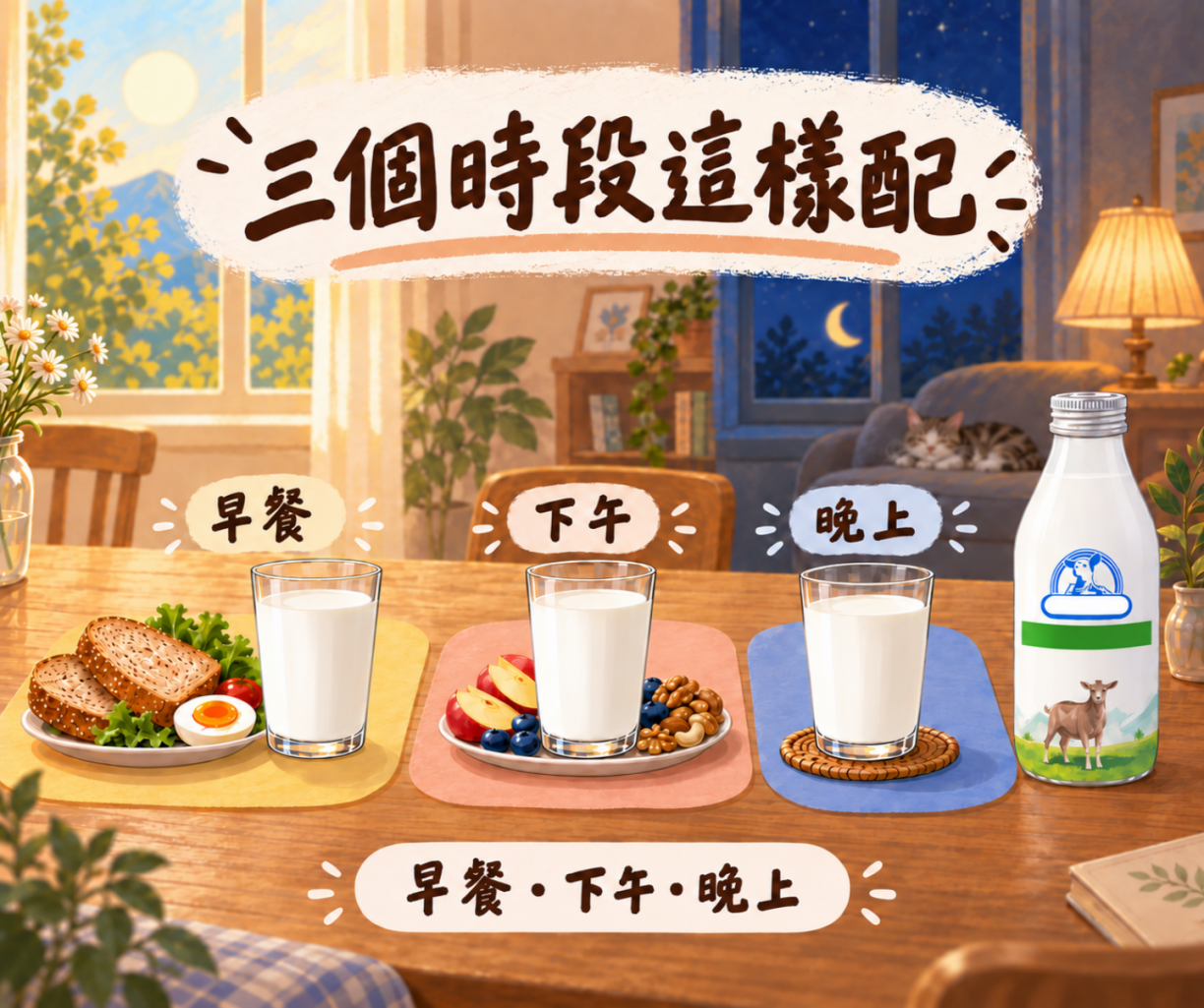 羊乳依早餐、下午、晚上不同時段的搭配方式示意圖