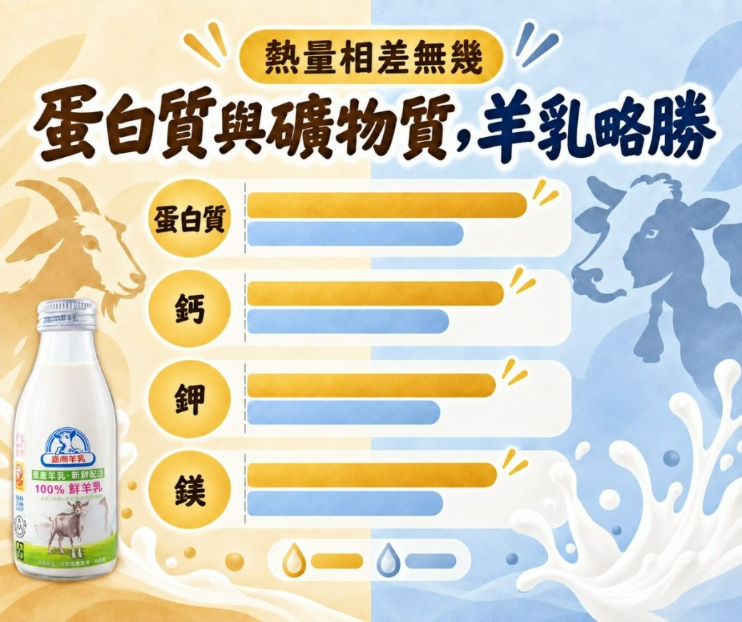 羊乳與牛乳蛋白質鈣鉀鎂礦物質含量比較示意