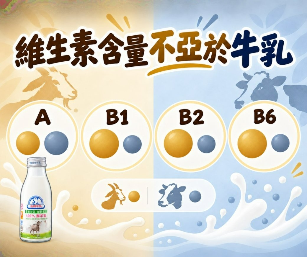 羊乳與牛乳維生素A與維生素B1B2B6含量比較示意