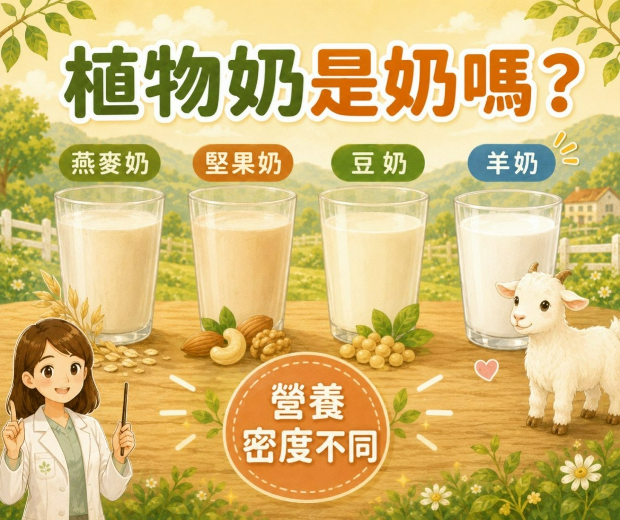羊奶牛奶豆奶燕麥奶堅果奶分類與營養訴求比較示意